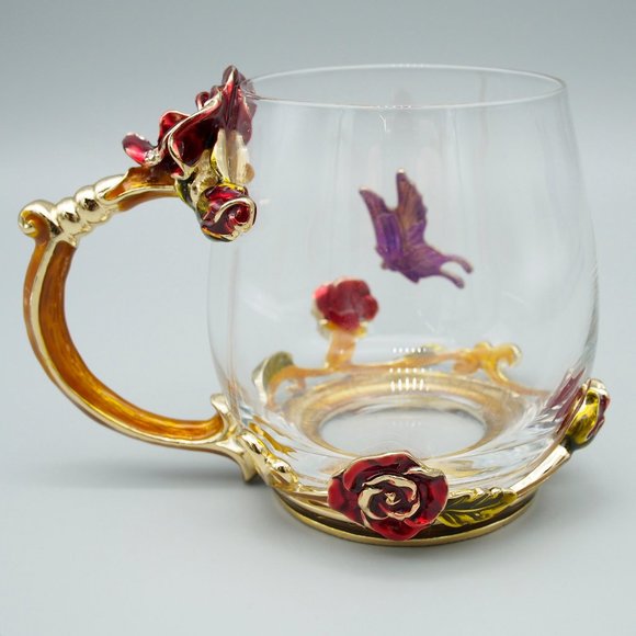 Reposhed Arc Of France Glass Mug & Spoon - Rose & Butterfly Design - Picture 6 of 15